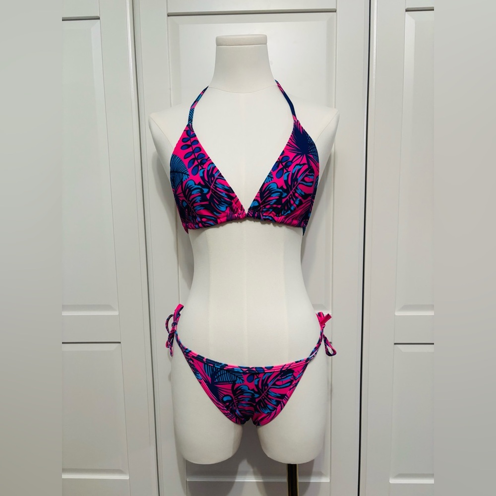 Women’s Pink & Blue Tropical Tie Bikini Set in Sizes S, M, L